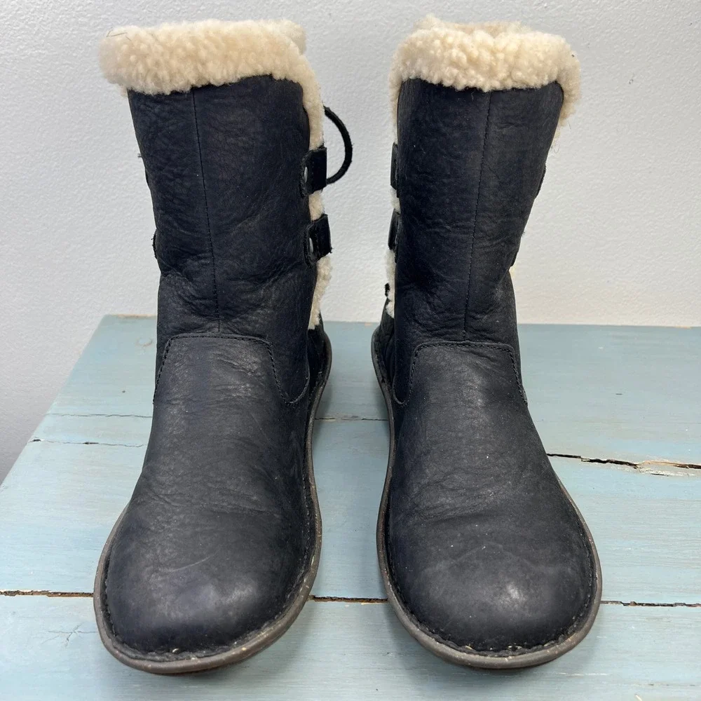 UGG Simmens Black Leather Shearling Lined Winter Boots 1007760 Womens 8